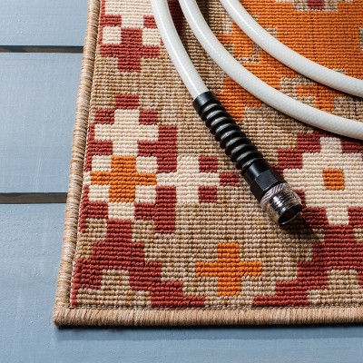Red and Beige Rectangular Washable Synthetic Area Rug
