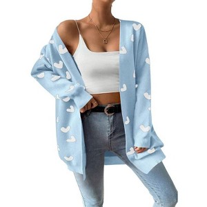 Coolmee Women's Fall Winter Long Sleeves Open Front Heart Print Knitted Sweater Cardigan Coat Outwear - 1 of 4