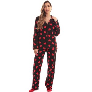 #followme  Womens Printed Microfleece Button Front PJ Pant Set with Socks / Winter Pajamas - 1 of 4