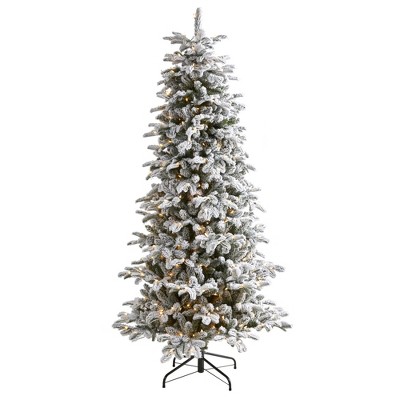 Nearly Natural 7’ Flocked North Carolina Fir Prelit Artificial Christmas Tree