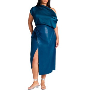 ELOQUII Women's Plus Size Wrap Front Faux Leather Midi Skirt - 1 of 4