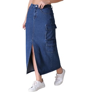 INSPIRE CHIC Women's Side Split Button Front Elastic Waist Flap Pockets Cargo Maxi Denim Skirt - 1 of 4