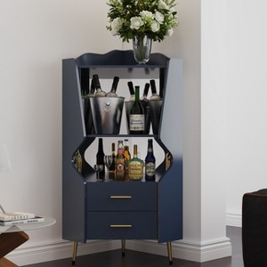 GDFStudio Niam 29.92" Modern Wooden Corner Bar Cabinet with 2 Open Storage Shelves, 2 Drawers and Mirrored Back - 1 of 4