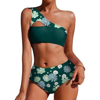 AI'MAGE Women's Bikini Sets Reversible Wear Cutout One Shoulder Top with Mid Waist Two Piece Bathing Suit