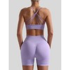 Women Seamless Breathable Yoga Wear Two-Piece Set Solid Shoulder Strap Sports Bra High-Waisted Shorts Set - 2 of 3