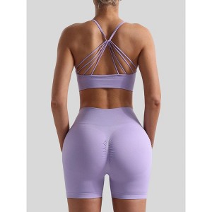 Women Seamless Breathable Yoga Wear Two-Piece Set Solid Shoulder Strap Sports Bra High-Waisted Shorts Set - 1 of 1