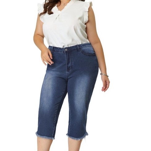 Agnes Orinda Women's Plus Size Fashion Denim Frayed Hem Washed Jeans Capri  Blue 1X