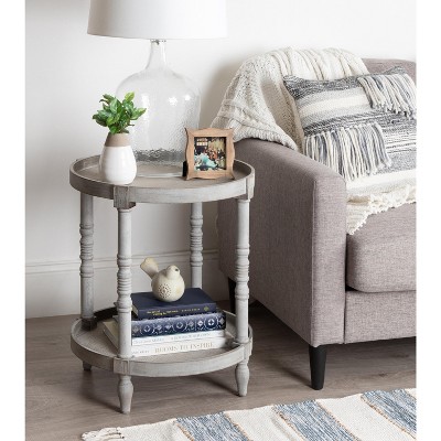 Bellport Classic Round Wood Side Table with Lower Shelf, Distressed Gray