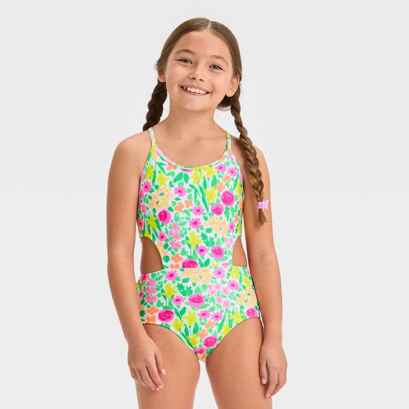  Girls' 2pk Gingham Floral Printed One Piece Swimsuit Set - Cat & Jack™ Purple, 3 of 5