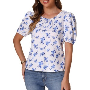INSPIRE CHIC Women's Floral Puff Short Sleeve Tie Back Round Neck Summer Shirt - 1 of 4