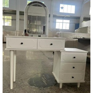 Makeup Vanity Desk with Mirror and Lights, Modern White Vanity Table with 2 Drawers & Adjustable 3-Drawer Cabinet, Wood Dressing Table for Bedroom - 1 of 4