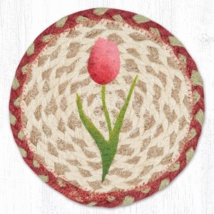 Earth Rugs Round Tulips Coaster – 7" Braided Jute Mat with Hand-Stenciled Spring Tulip Design in Pink, Yellow & Green Floral Tones - 1 of 3