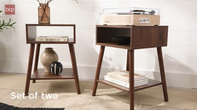 Set of 2 Brown Wood Mid-Century Modern End Tables with Cubby Storage
