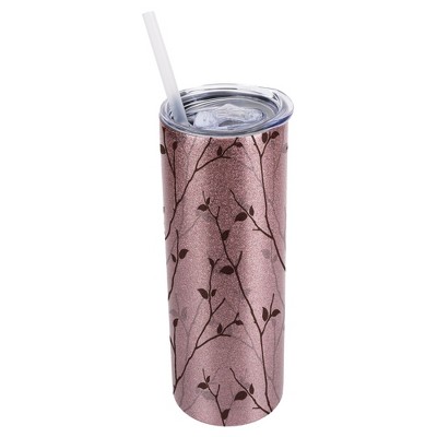 Elanze Designs Bubblegum Pink 20 Ounce Double Wall Stainless Steel Glitter Travel Tumbler With Sliding Lid And Straw, Tree Pattern