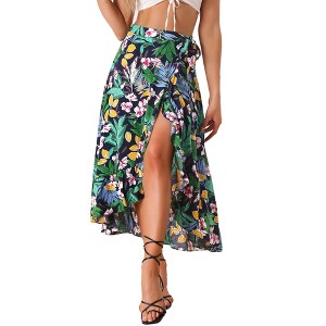 INSPIRE CHIC Women's Tropical Floral Print Ruffle Self-Tie Knot Split Beach Wrap Midi Skirt - 1 of 4