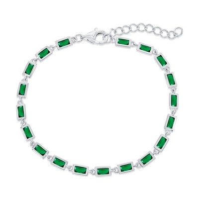 Bella Silver Sterling Silver, Bezel-Set Rectangle Bracelet - Emerald - Green - 6+1 Inch