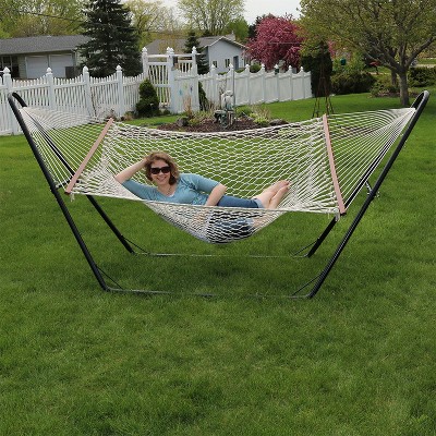 Off-White Cotton Double Wide Rope Hammock with Steel Stand