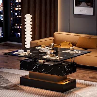 Led Lift Top Coffee Table For Living Room With Storage and Charging Station