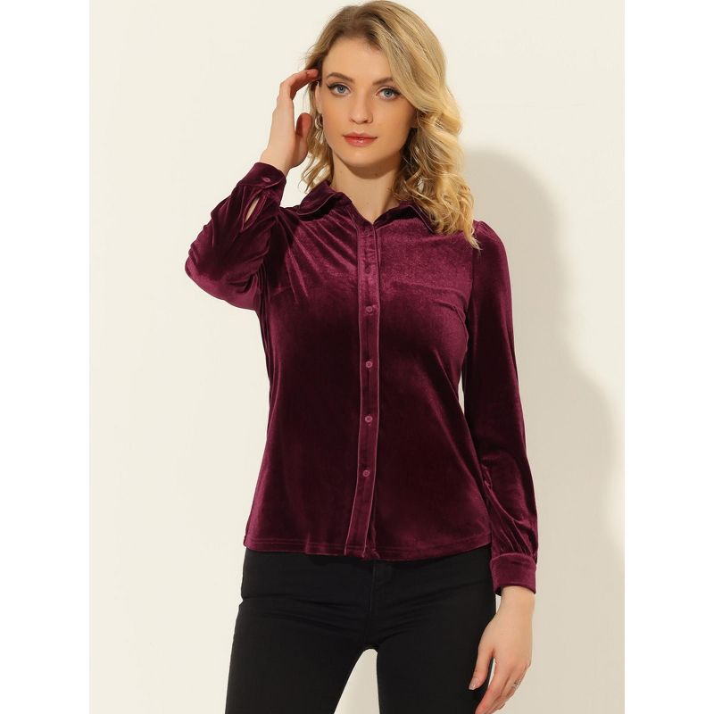 Allegra K Women's Button Down Solid Color Long Sleeve Velvet Work Shirt, 2 of 6