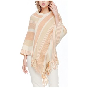 Women's Beige Multi Stripe Open Front Tassel Pullover Shawl Sweater - 1 of 3