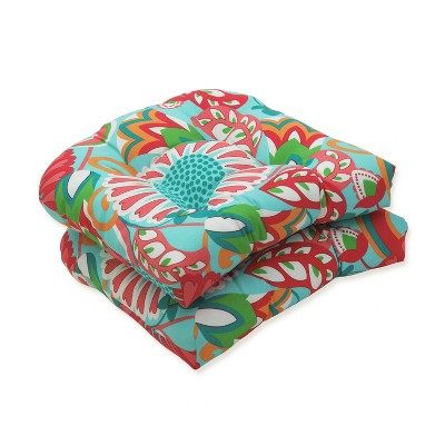 2pc Sophia Wicker Outdoor Seat Cushions Turquoise/Coral - Pillow Perfect: Weather-Resistant Patio Pillows, Tufted Design