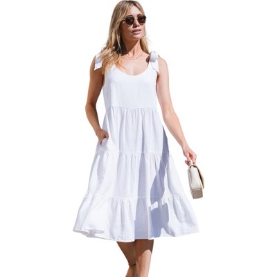 Amaryllis Women's Sleeveless Tiered Midi Dress with Tie Shoulder Straps and Scoop Neckline Comfortable All-Day Wear