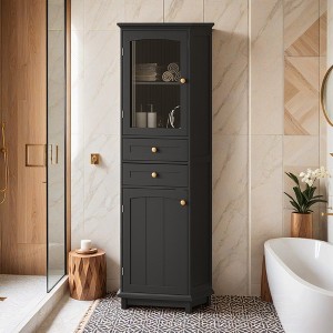 63" Tall Bathroom Storage Cabinet with Glass Doors, Free-Standing, Two Drawers, and Adjustable Shelves, MDF Board - Leovsnove - 1 of 4