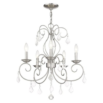 Mini Elegance 5-Light Brushed Nickel Chandelier with Clear Crystal Drops
