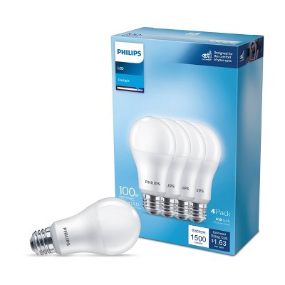 Philips LED 100W Frosted Daylight Non-Dim A19 4P (Non-T20): 1500 Lumens, 5000K, E26 Base, 10-Year Life, 4-Pack