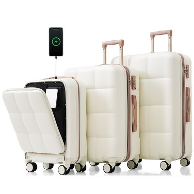 Hardshell Luggage Set,3-Piece Lightweight Suitcases (20"/24"/28") with Spinner Wheels,Cup Holder,20" Front Opening Carry-On with USB Port–Cuddlewood