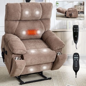 Beige Chenille Heat Massage Dual Motor Infinite Position Up to 350 LBS Large Electric Power Lift Recliners with Hidden Cup Holders - 1 of 4