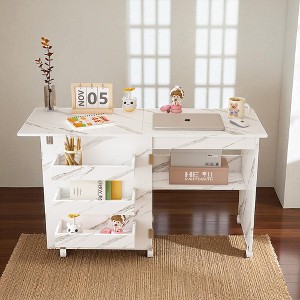 4-in-1 Folding Sewing Table with Lockable Wheels, Multi-Functional Craft Station, End Table, Computer Desk & Kitchen Storage - 1 of 4