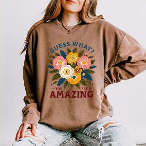 Simply Sage Market Women's Lightweight Garment Dyed Graphic Sweatshirt Guess What Flowers - 1 of 4