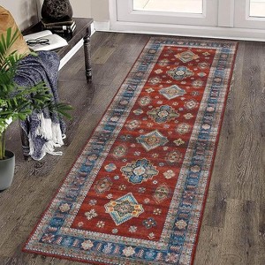 Acekool Boho Vintage Medallion Area Rug Collection, Washable Foldable Low Pile Non Slip Chenille TPR Backing, Red Blue Beige Gray - 1 of 4