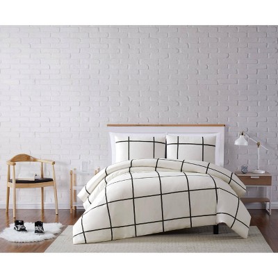 Truly Soft Everyday Twin Extra Long Kurt Windowpane Duvet Cover Set Ivory/Black