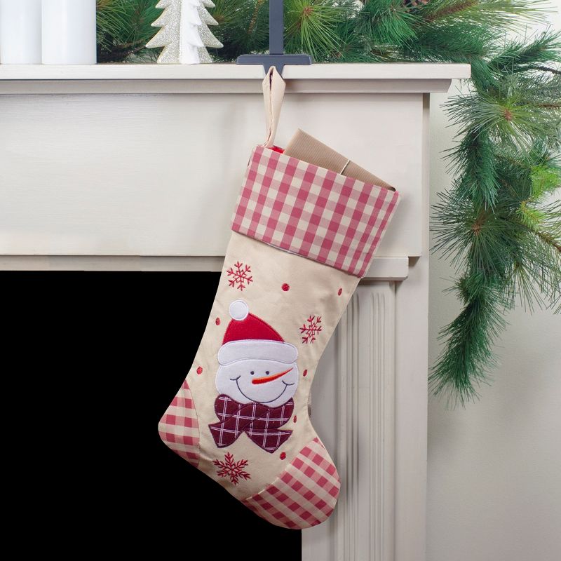 Northlight 17" Red and Beige Burlap Embroidered Snowman Christmas Stocking with Red Gingham Cuff, 2 of 5