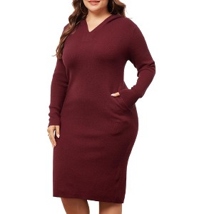 Agnes Orinda Women's Plus Size  V Neck Long Sleeve Knit Midi Pullover Hooded Sweater Dresses - 1 of 4