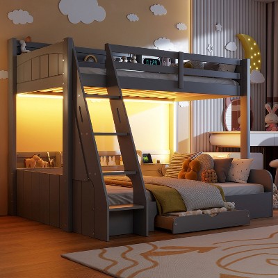 TIRAMISUBEST Twin over Full Bunk Bed with Shelves, Kids Storage Bed Frame with LED, Charging Station and Drawer