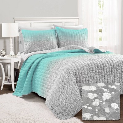 3pc Full/Queen Glitter Ombre Metallic Print Quilt Set Aqua/Gray - Lush Décor