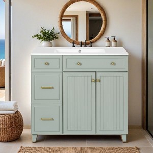 36" Bathroom Vanity with Ceramic Sink, Standard and Double-Layer Drawers, Soft Close Doors, Adjustable Shelves - Leovsnove - 1 of 4