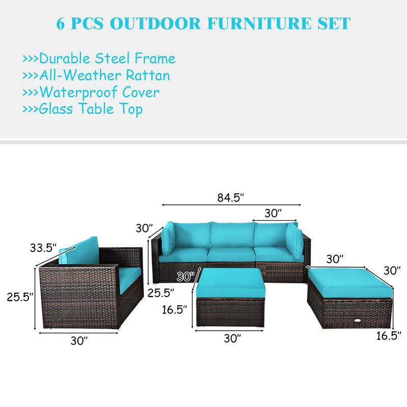 Costway 6PCS Patio Rattan Furniture Set Cushion Sofa Coffee Table, 4 of 11