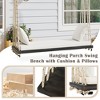 Outdoor Swing Chair with 2 Person Seating, Acacia Wood Hanging Chair Porch Swing Bench w/ Cushion, 2 Pillows & Hemp Ropes for Garden Backyard, White - 3 of 4
