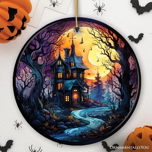 Eerie Abode Amidst Spooky Trees Stained Glass Style Ceramic Ornament, Halloween Themed Christmas Gift and Decor| OrnamentallyYou - 1 of 4