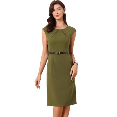 INSPIRE CHIC Women's Elegant Business Round Neck Belted Cap Sleeve Work Sheath Dresses