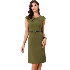 INSPIRE CHIC Women's Elegant Business Round Neck Belted Cap Sleeve Work Sheath Dresses - 1 of 4