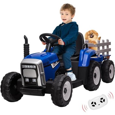 12V Kids Electric Tractor with Trailer, Battery Powered Ride-On Car for Toddlers 3-6, Remote Control, 7 LED Headlights, 2+1 Gear Shift