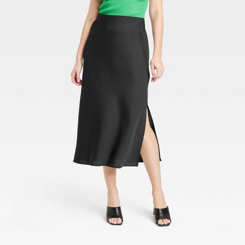 Women's Summer Skirt Black A-line Silk Satin Skirts Beautiful Elegant Midi  High-waisted Long Skirts Woman Skirts Black Skirt