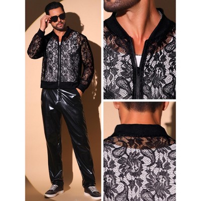 Мужские куртки INSPIRE CHIC Men's Hollow Floral Lace See Through Lightweight Long Sleeve Zip Up Jackets X-Large White — фото 4