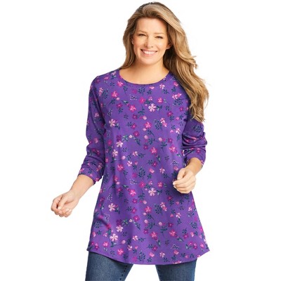 Woman Within Women's Plus Size Perfect Printed Long-Sleeve Crewneck Tunic