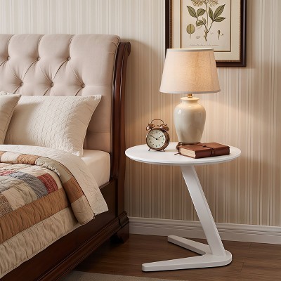 White 19.7 Inch Round Z-Shaped End Table, MDF Tabletop with Oak Veneer ...